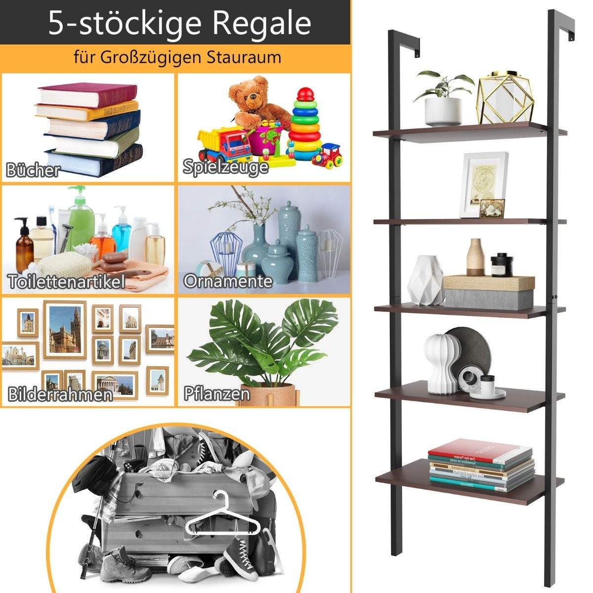 Stigehylde 5 etagers displayhylde med metalramme Plantestativ Brun