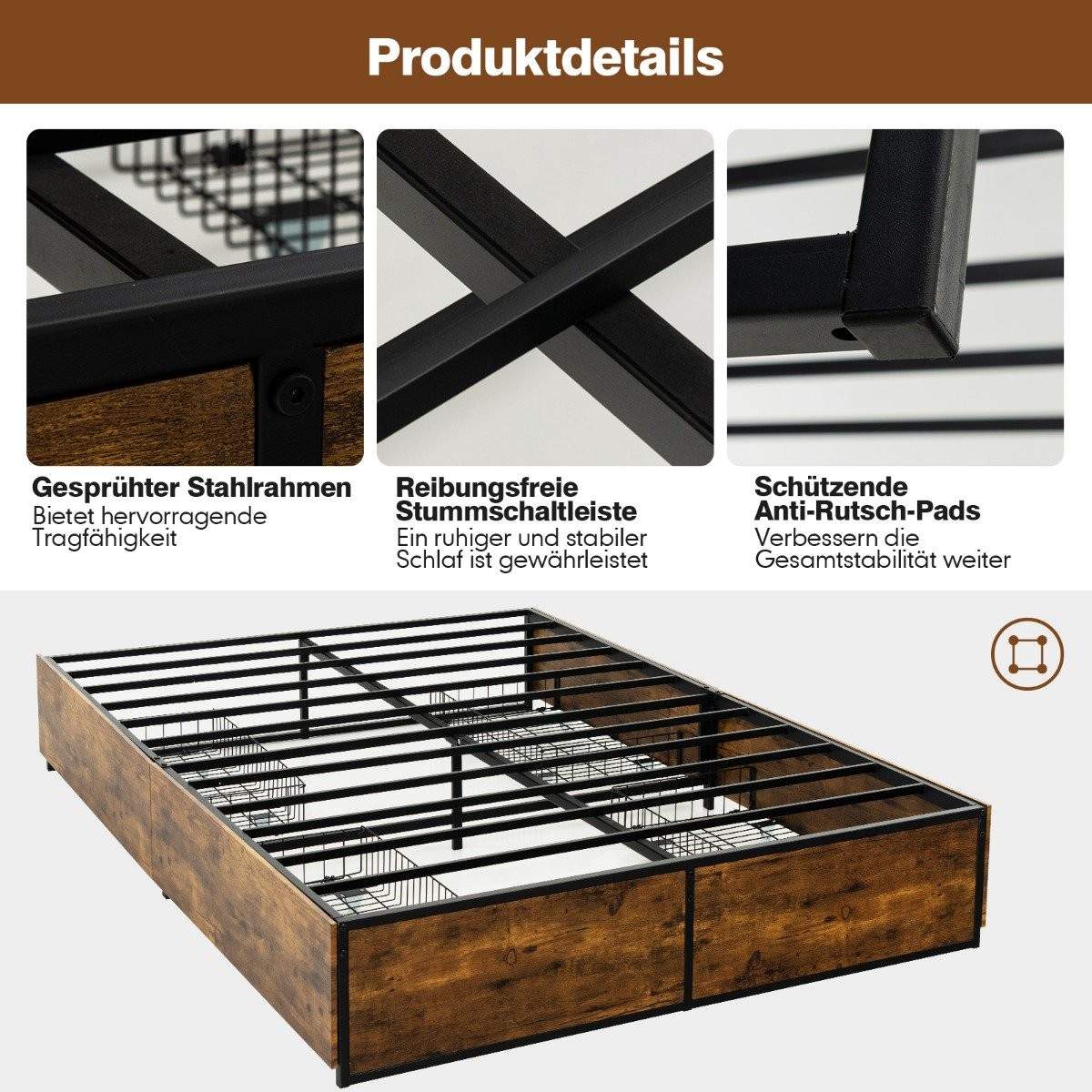 Dobbeltsengsramme Heavy Duty Metalseng med 4 skuffer Træbundsende Rustik Brun