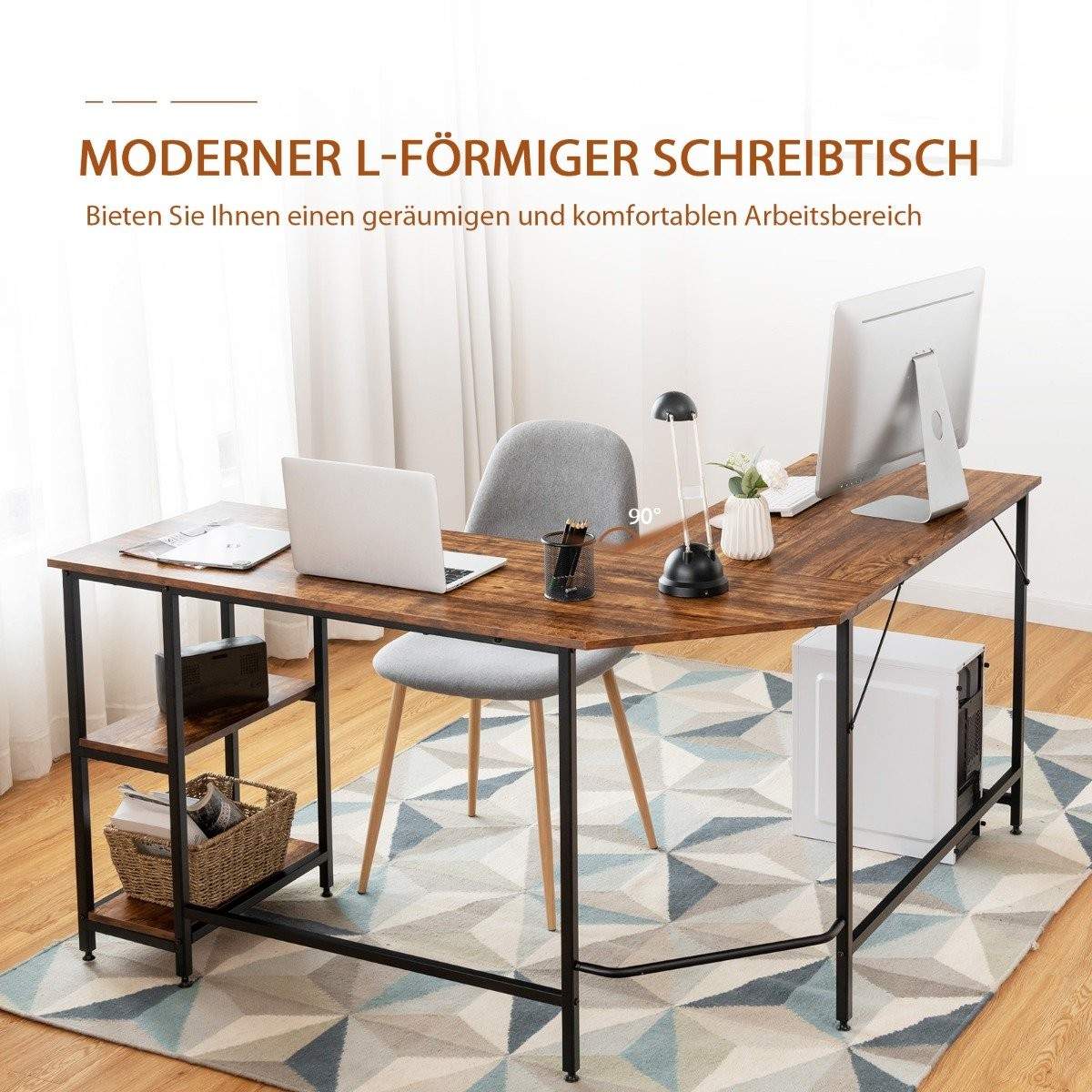 L-formet skrivebord hjemmekontor med 2 hylder 138 x 138 x 75,5 cm kaffebrun + sort