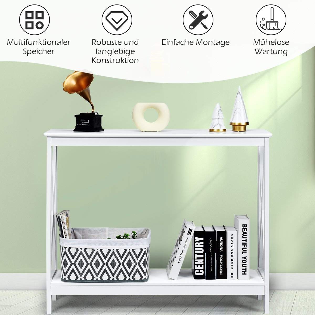 X-formet smalt konsolbord med 2 niveauer 100 x 30 x 80 cm hvid