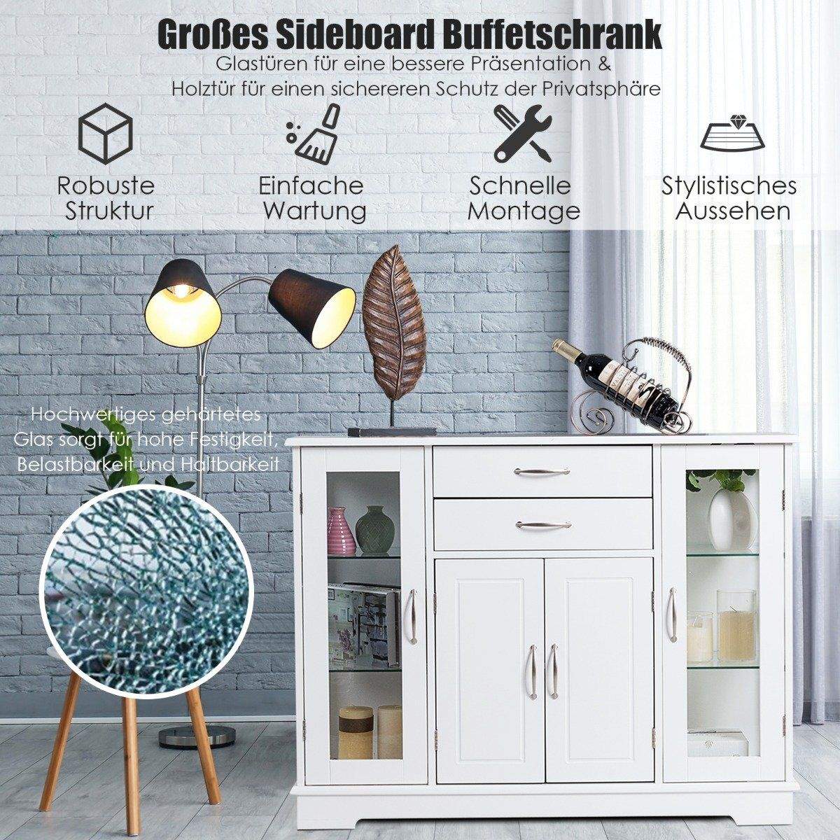 Træ opbevaringsskab med hærdet glas låger og skuffer Hvid