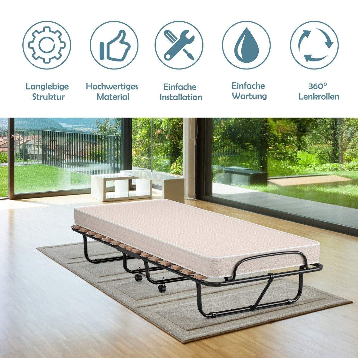 Transportabel gæsteseng på hjul med memory foam madras 80 x 190 x 33 cm lys beige lavet i Italien Oprindelse: Italien