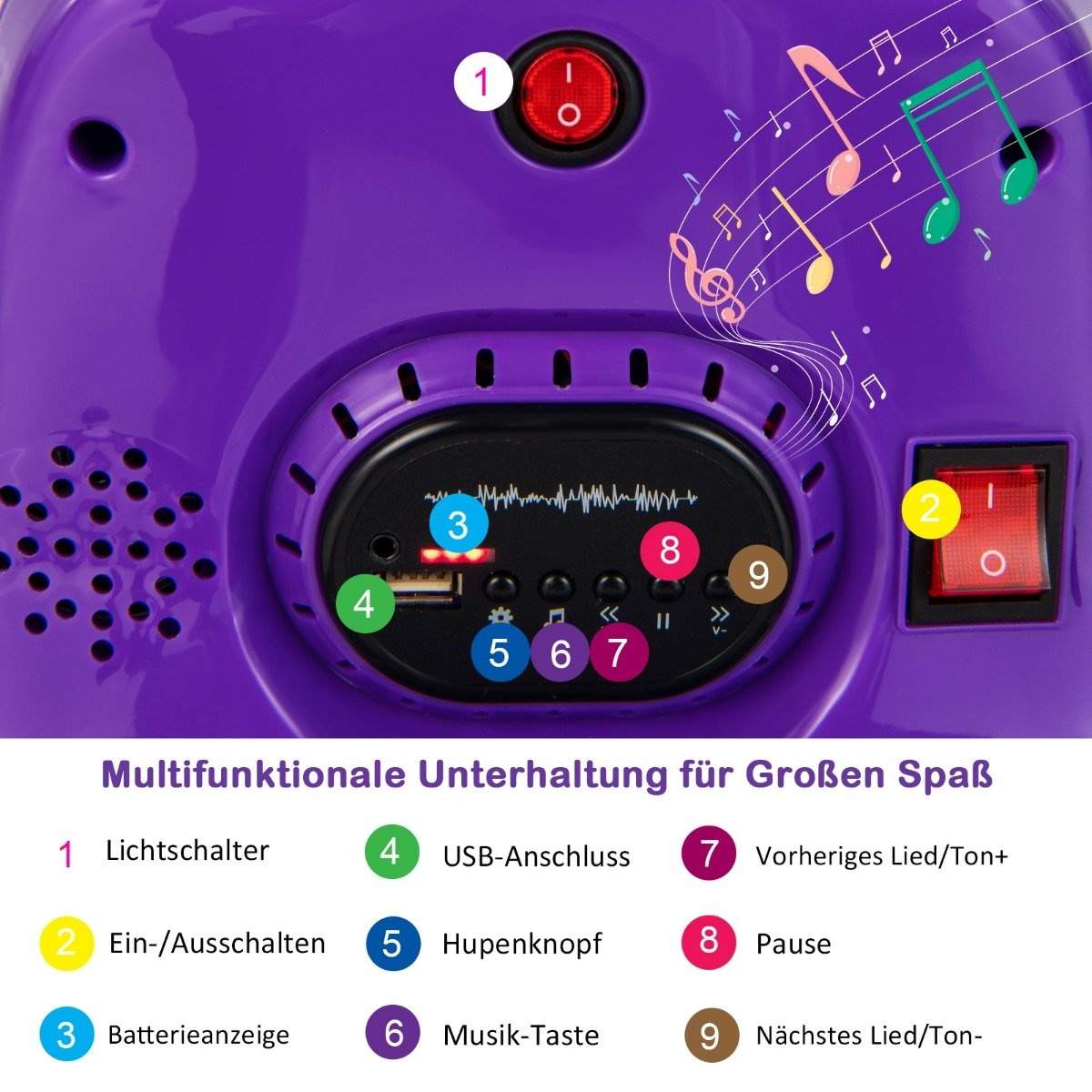 6V børnekofanger 360 graders rotation med musik og farverige LED-lys lilla