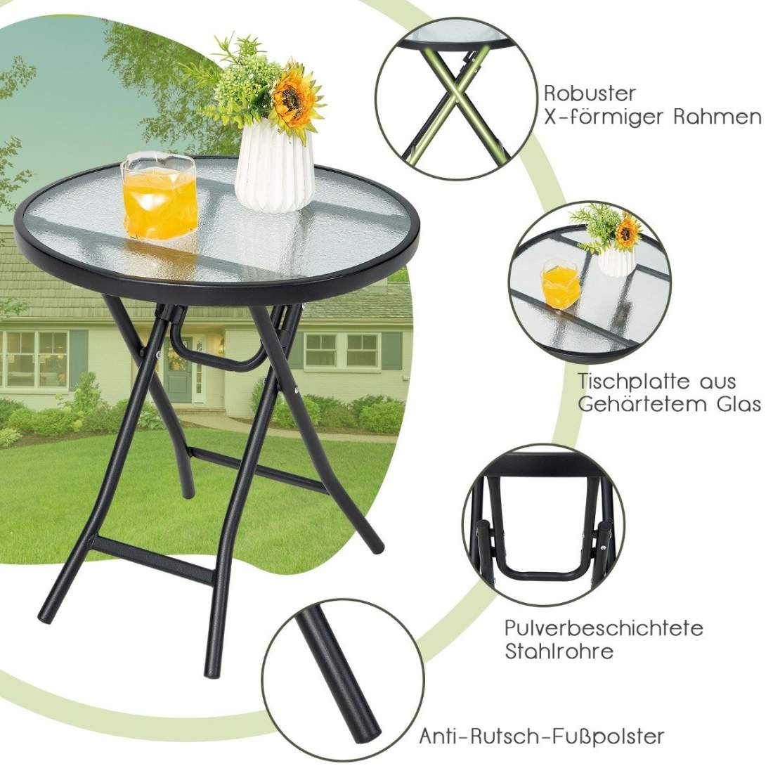 Uteplats matbord Runt glasbord med härdat glasskiva 46,5 x 46,5 x 47,5 cm Svart | Hem & Hobby - Hem & Hushåll - Balkong | Pryloteket