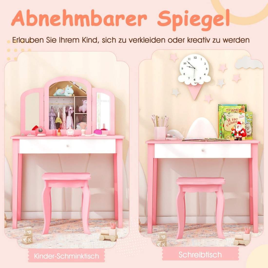 Sminkbord och stolset för barn Sminkbordsset med hopfällbar spegel & låda Rosa + Vit | Elektronik - Tillbehör Mobil & Surfplatta - Mobiltillbehör - Mobilkablar - Tillbehör | Pryloteket