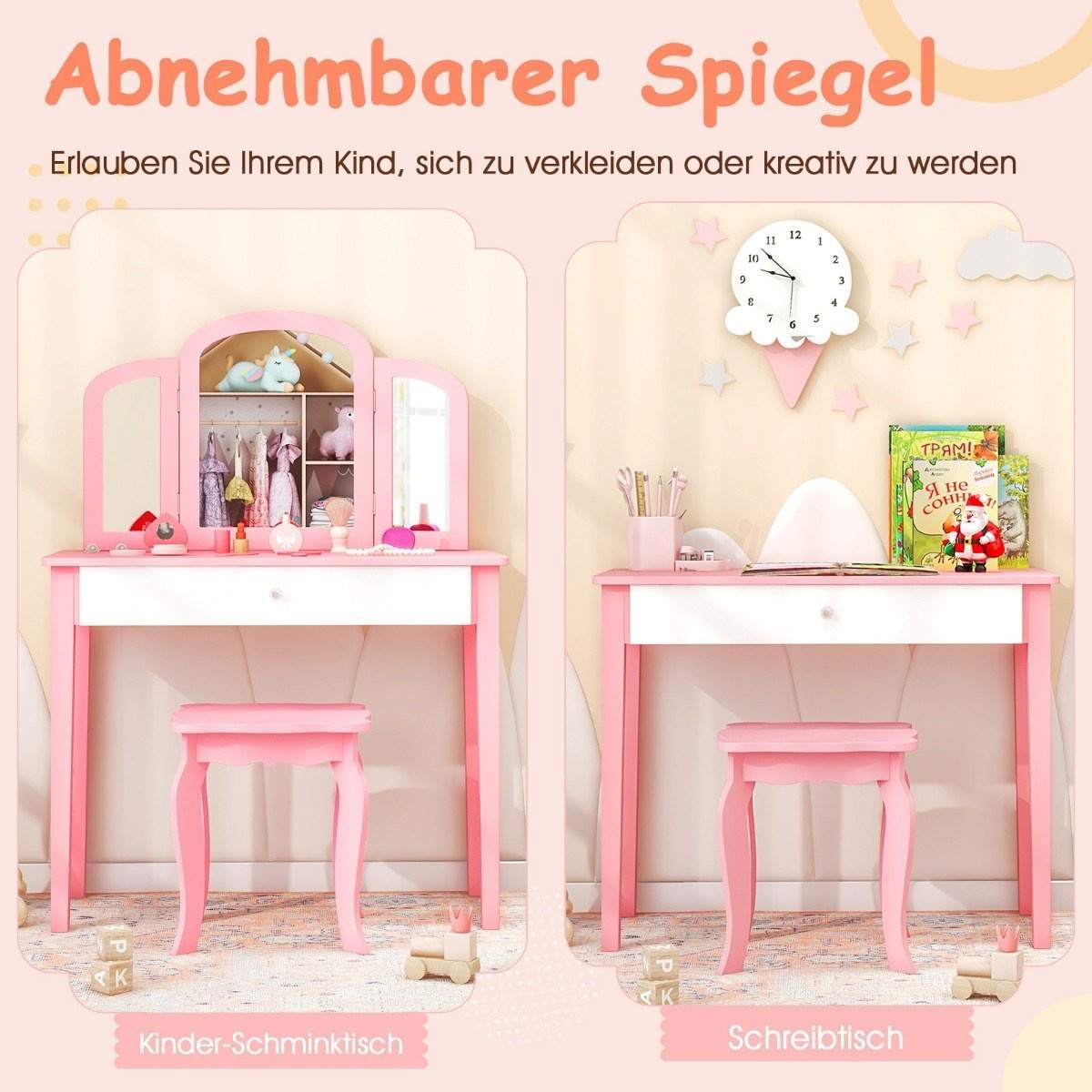 Sminkebord og stolesæt til børn Toiletbordssæt med foldespejl & skuffe Pink + Hvid