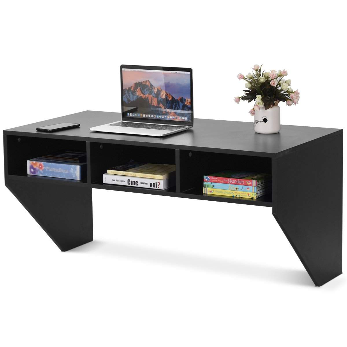 Vægbord træ vægmonteret computerbord med 3 hylder 108 x 53 x 52 cm sort
