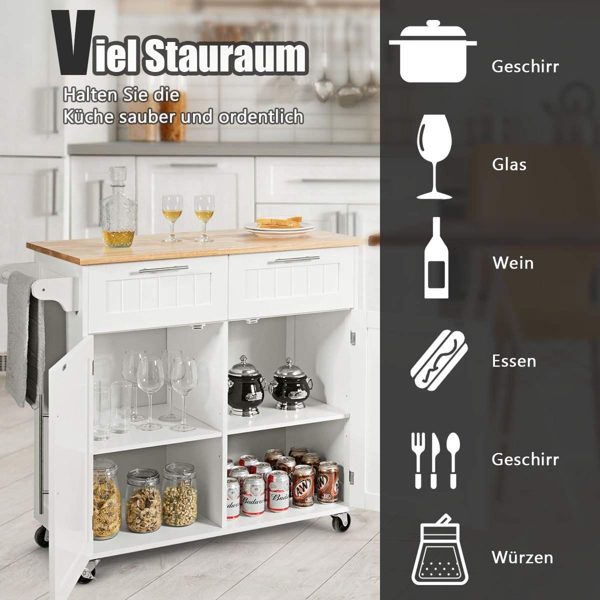 Køkkenvogn rullende serveringsvogn med skuffer og skabe 94 x 45,5 x 94,5 cm hvid