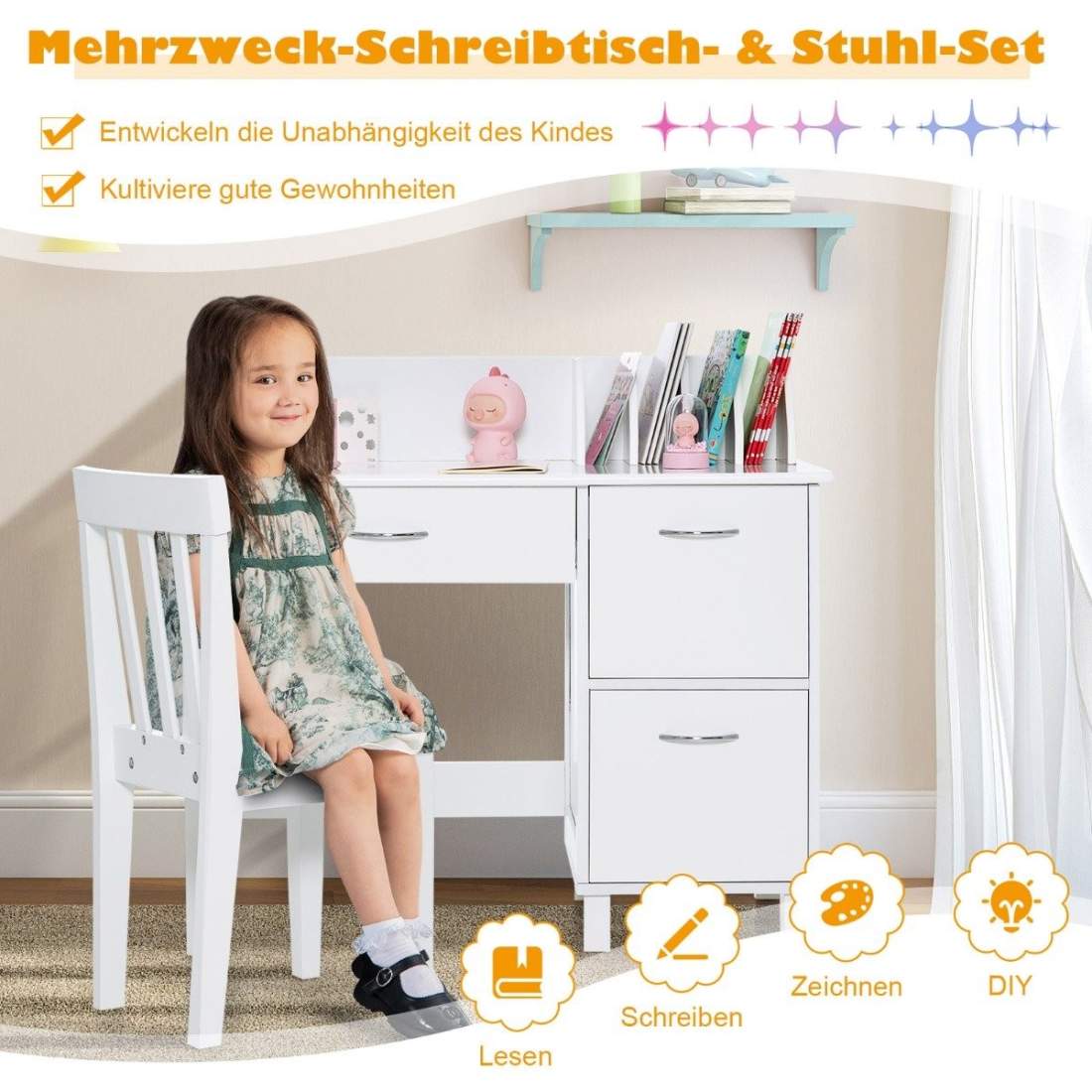 Barnskrivbord och stolset Studiebord med låda och förvaringsskåp Vit | Hälsa & Skönhet - Personvård - Vård & Rehabilitering - Hållning | Pryloteket