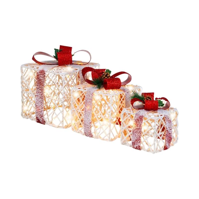Julegaveæsker Sæt med 3 oplyste gaveæsker med sløjfer LED-lys 6H Timer