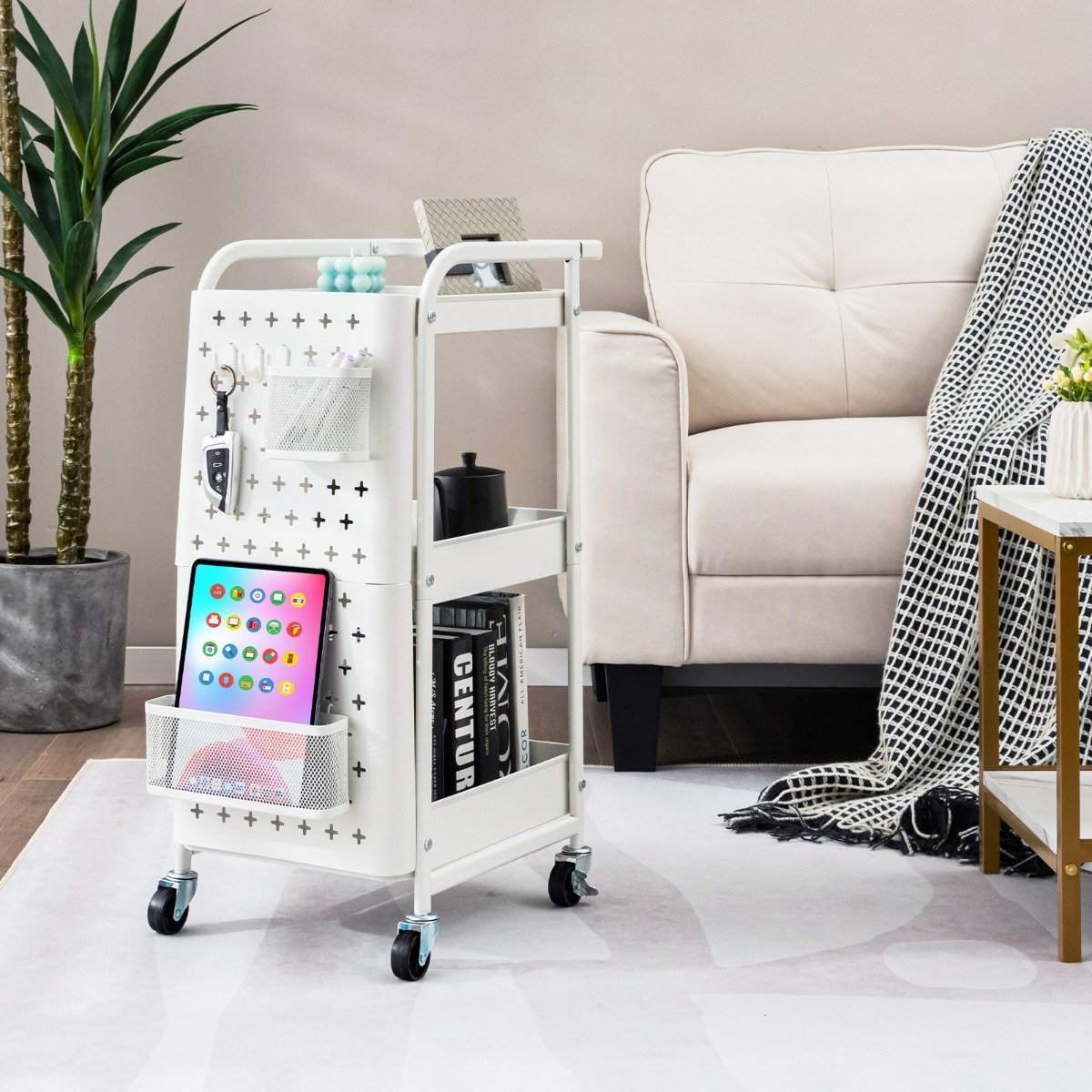 3-vånings rullande vagn i metall med 2 pinnbrädor & 2 korgar & 4 krokar vita | Hem & Hobby - Hem & Hushåll - Kök - Köksredskap | Pryloteket