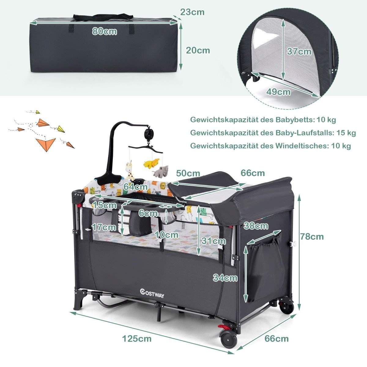 5-in-1 muunneltava vauvansänky hoitopöydällä ja säilytyspussilla, harmaa
