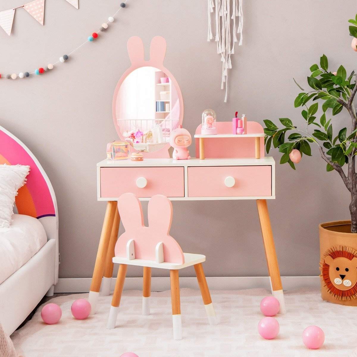 2 in 1 lasten pukeutumispöytä ja -tuolisetti, peili ja 2 laatikkoa ja säilytysteline, vaaleanpunainen