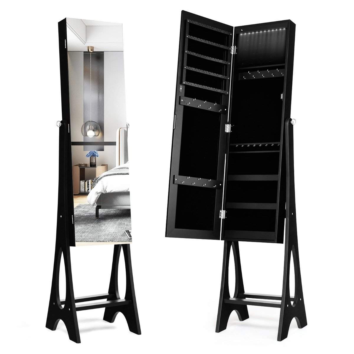 Smykkeskab stående spejl 2 i 1 fuldlængde spejl med 12 LED'er 36 x 33,5 x 154,5 cm sort