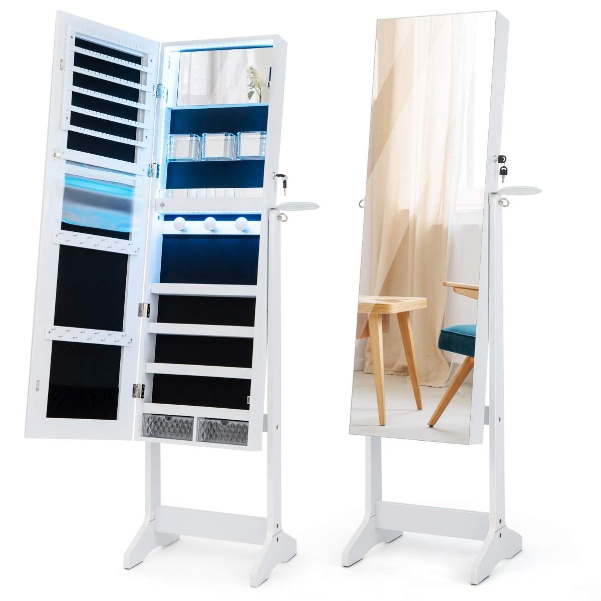 LED smykkeskab med fuldlængde spejl og makeup spejl 41 x 37 x 156 cm hvid