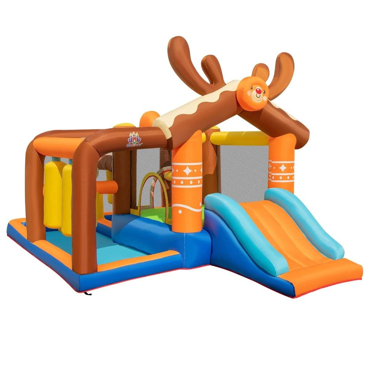 Oppustelig rensdyrhoppeborg med rutsjebane & 2 boldgrave & kastespil 420 x 310 x 260 cm