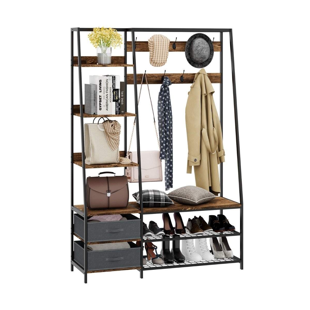 Industriel knagerække med skobænk til indgangspartiet 122x40x180 cm Rustik brun