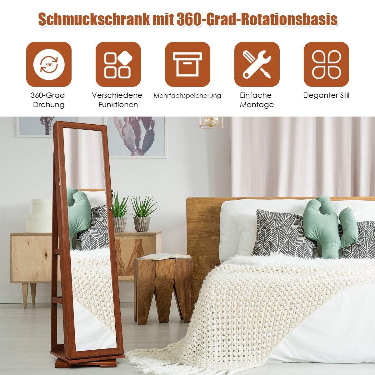 2 i 1 smyckesskåp och steghylla i trä med helspegel 39 x 39 x 161 cm brun | Mode & Accessoarer - Smycken, Smyckesset & Tillbehör - Halsband | Pryloteket