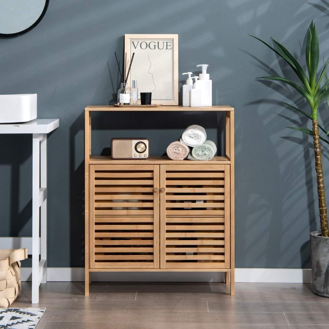 Badrumsskåp Fristående bambuhylla med öppen hylla 64 x 27,5 x 80 cm Natur | Hem & Hobby - Hem & Hushåll - Textil - Handdukar | Pryloteket