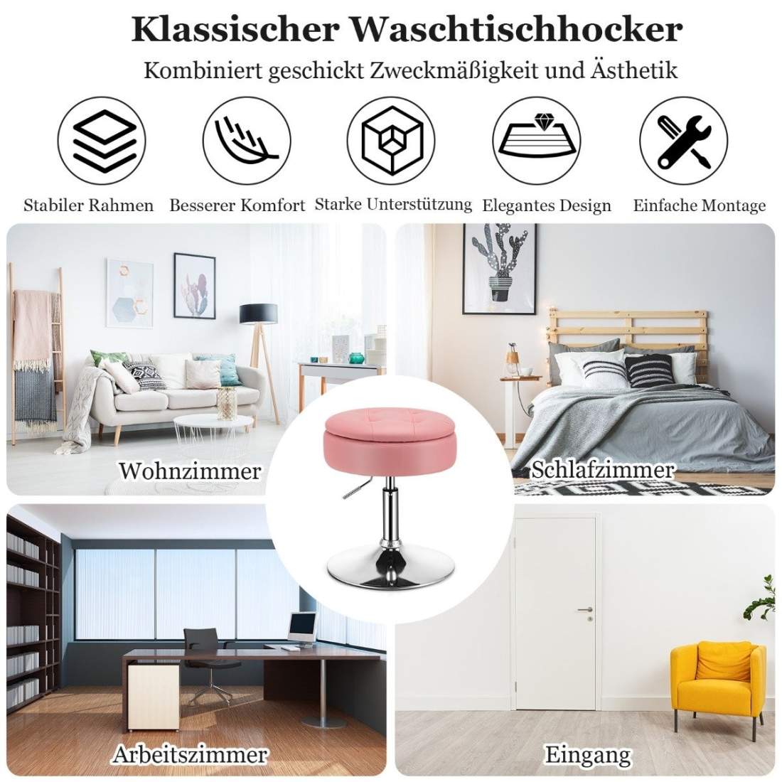 Sminkpall med förvaringsutrymme 360° roterande pall gjord av rosa konstläder | Hem & Hobby - Hem & Hushåll - Sovrum | Pryloteket