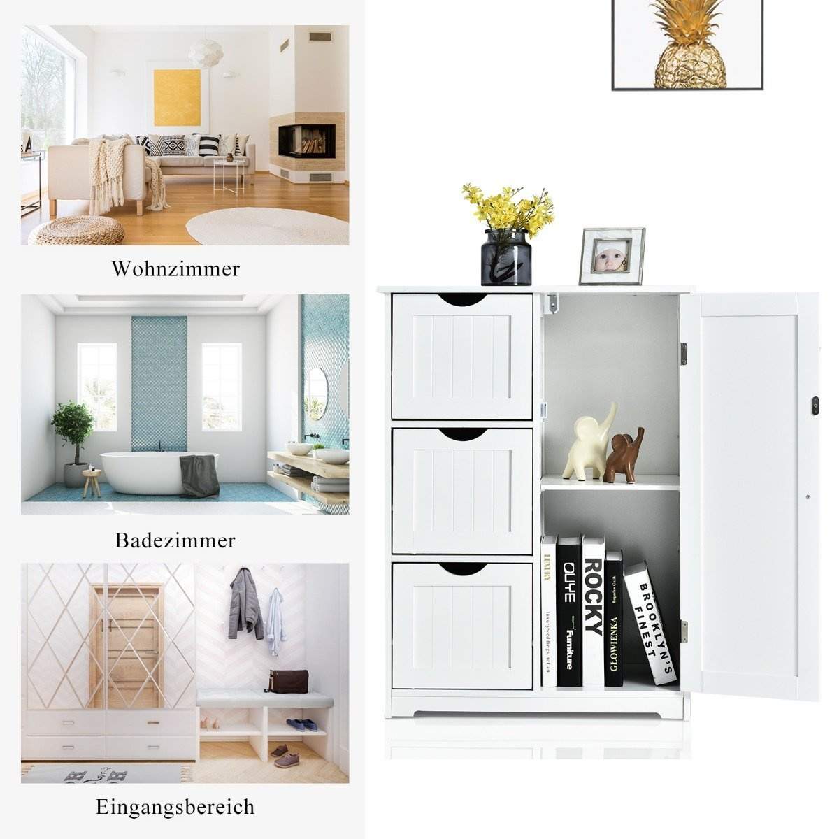 Badeværelsesskab opbevaringsskab med 3 skuffer 60 x 30 x 81 cm hvid