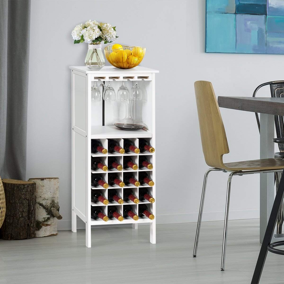 Vinreol i træ til 20 flasker med glasophæng 42 x 24,5 x 96 cm hvid