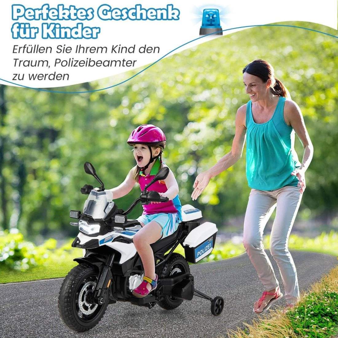 Polismotorcykel för barn, batteridriven motorcykel med 2 träningshjul, 110 x 82,5 x 63 cm, vit | Sport & Fritid - Träning | Pryloteket