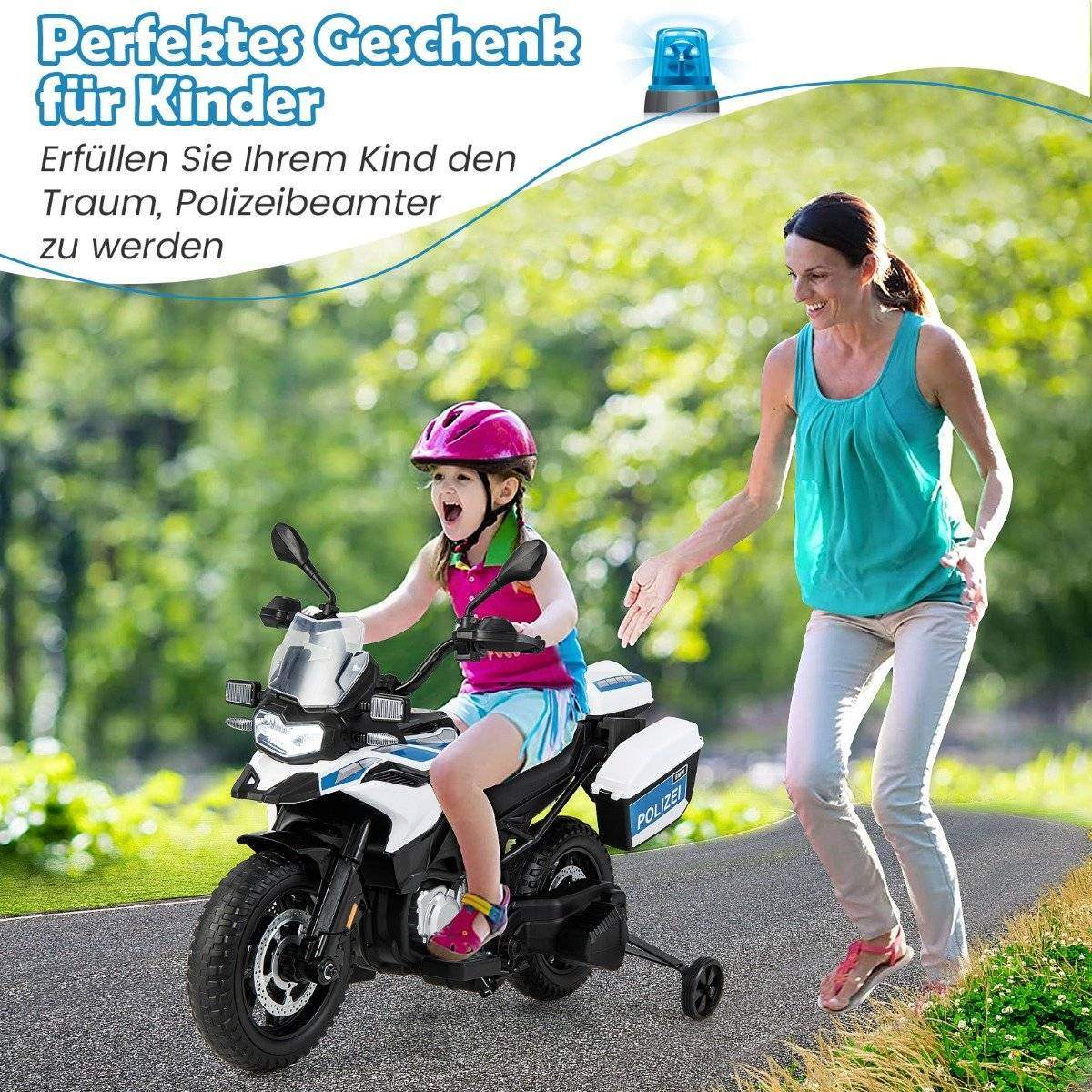 Politimotorcykel til børn, batteridrevet motorcykel med 2 træningshjul, 110 x 82,5 x 63 cm, hvid