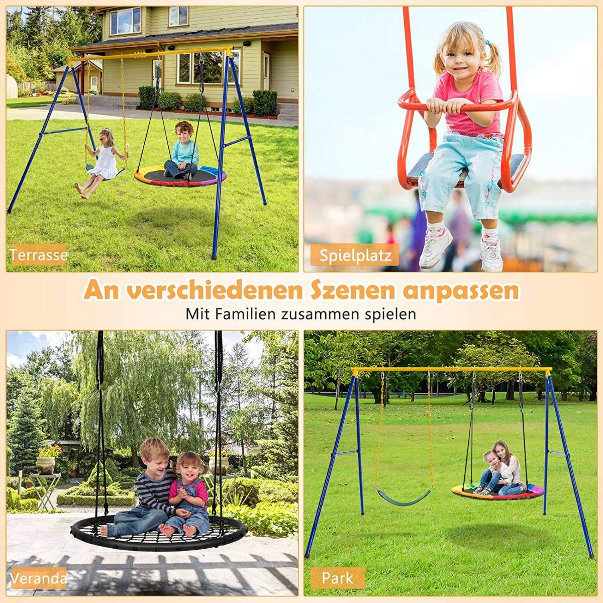 Børnegynge dobbeltgynge med gyngestativ kan holde op til 300 kg (2 gynger med ramme)