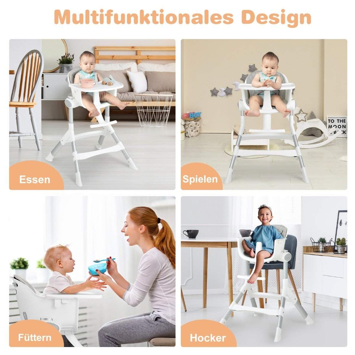 4 i 1 barnestol baby højstol konvertibel med 5-vejs justerbar højde grå