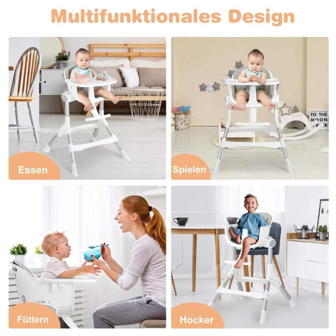 4 i 1 barnstol barnstol cabriolet med 5-vägs justerbar höjd grå