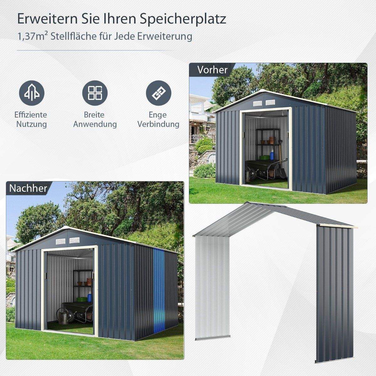 Udvidelsessæt til udendørs metalskur udvidet 277 x 202 x 64 cm Grå