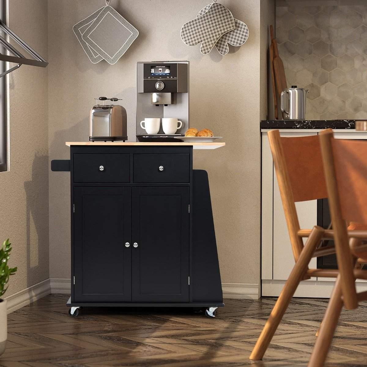 Køkkenø med opbevaring Rullende serveringsvogn af gummitræ 88 x 46 x 89,5 cm Sort