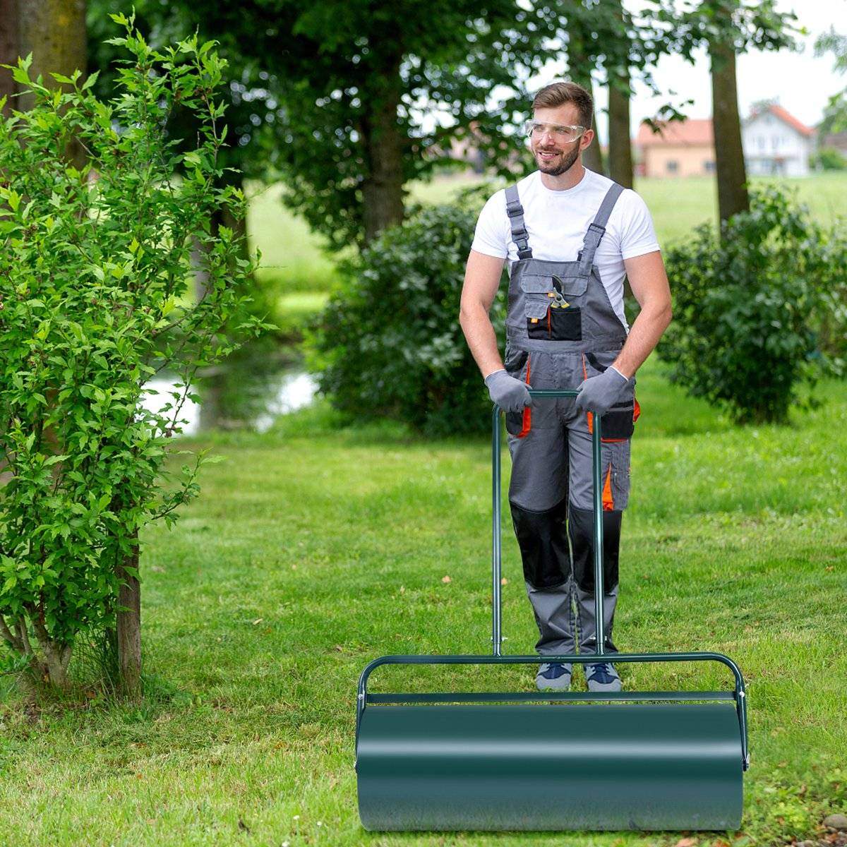 Plænerulle 90 cm håndrulle 63L haverulle med kraftig tromle plænerulle grøn