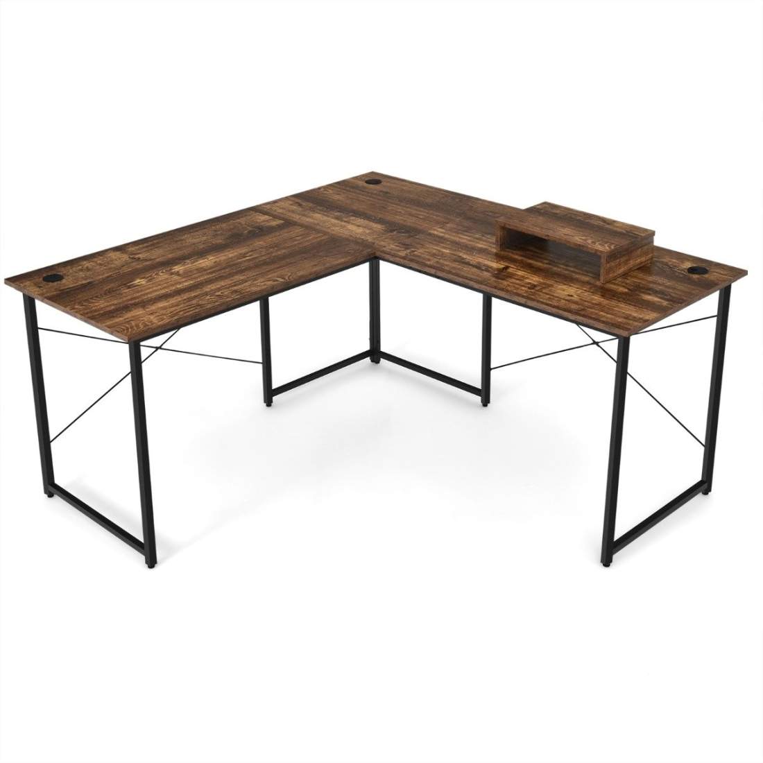 L-format datorbord med bildskärmsställ Vändbart hörnskrivbord Rustik brun