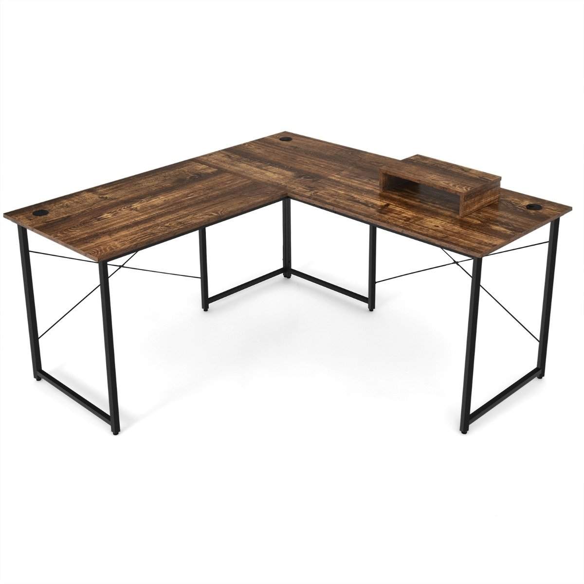 L-formet computerbord med skærmstativ Vendbart hjørnebord rustik brun