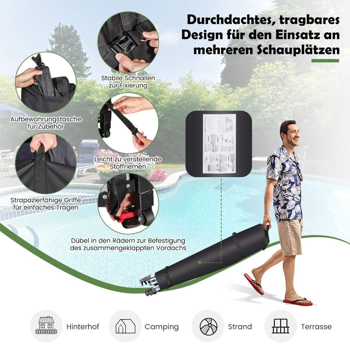 600 x 300 cm Stort pop-up baldakintelt Instant solsejl med hjul