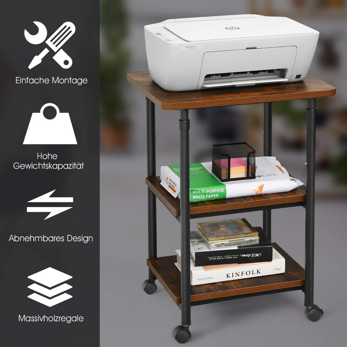 Printerstand 3-lags højdejusterbar printerhylde 49 x 40 x 67 / 77 cm brun