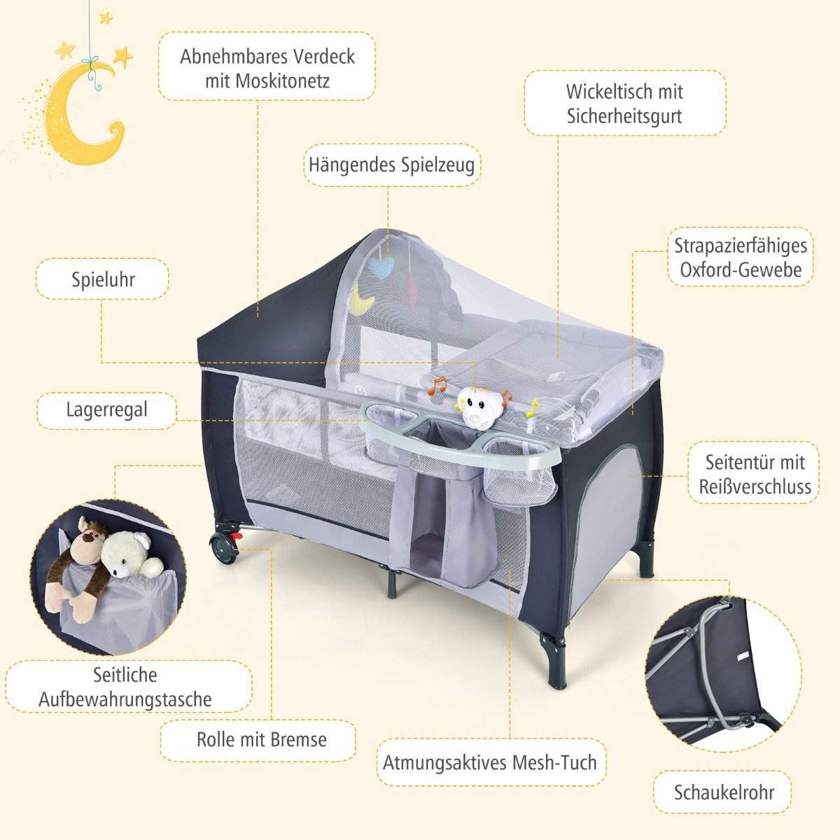 4 i 1 sammenfoldelig rejseseng og vugge 123 x 63 x 76 cm grå