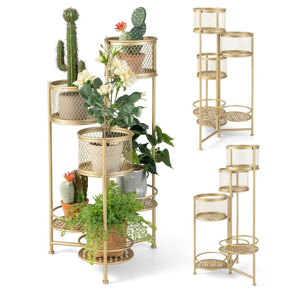6 etagers metal plantestativ med roterende design blomstertrapper Urtepotteholder guld