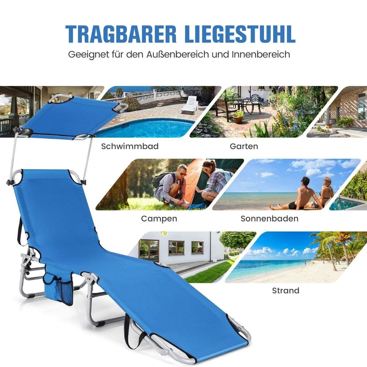 Liggestol sammenklappelig strandstol til udendørs blå