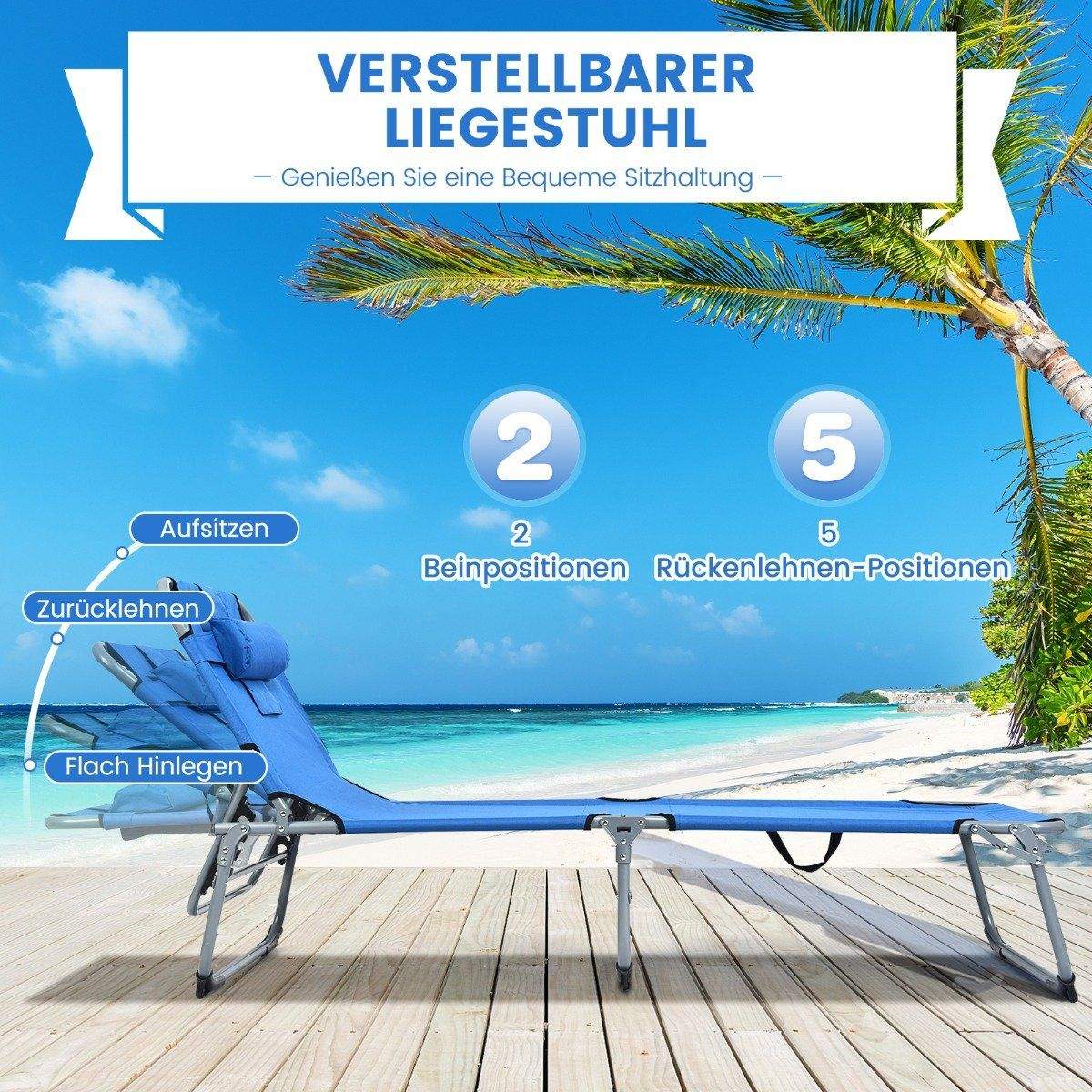 Liggestol sammenklappelig strandstol 194 x 60 x 36-86 cm blå
