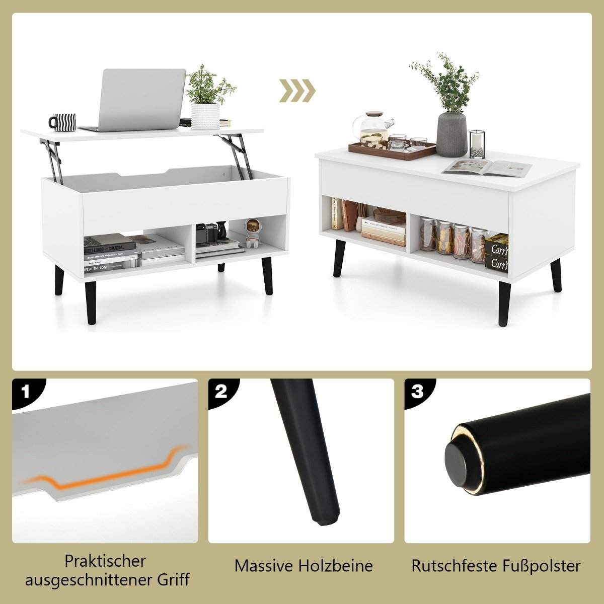 Sofabord med løftbar bordplade Moderne stuebord 80 x 40 x 44,5 cm hvid