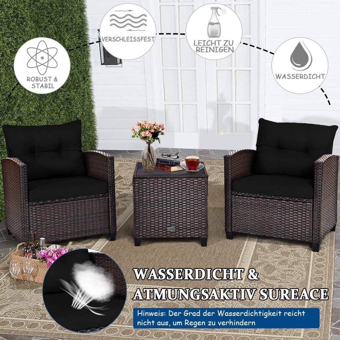 3 st. Trädgårdsmöbelset i rotting, balkongmöbler, trädgårdslounge med sittdynor och soffbord, svart | Hem & Hobby - Hem & Hushåll - Balkong | Pryloteket