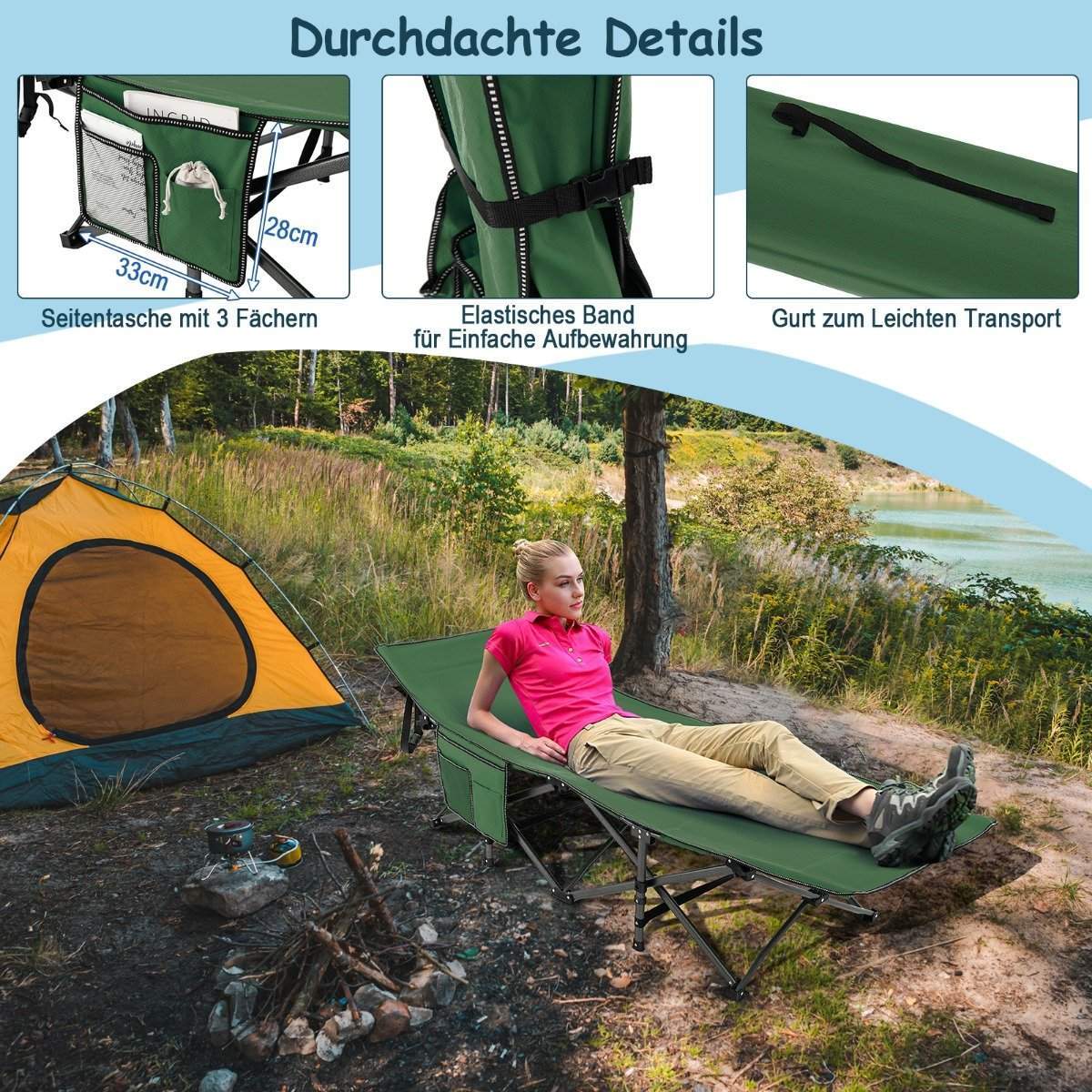 Campingseng slidstærk rejseseng med nakkestøtte 190 x 70 x 54 cm grøn