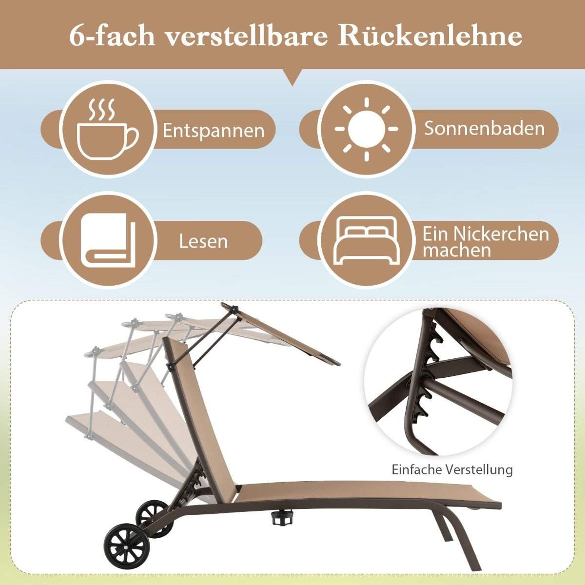 Terrasse lounger udendørs liggestol med hjul strand lounger lavet af metal brun