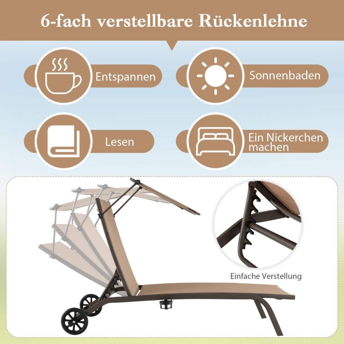 Uteplats solstol utomhus solstol med hjul strand solstol gjord av metall brun | Hem & Hobby - Hem & Hushåll - Trädgårdsartiklar - Solstolar | Pryloteket