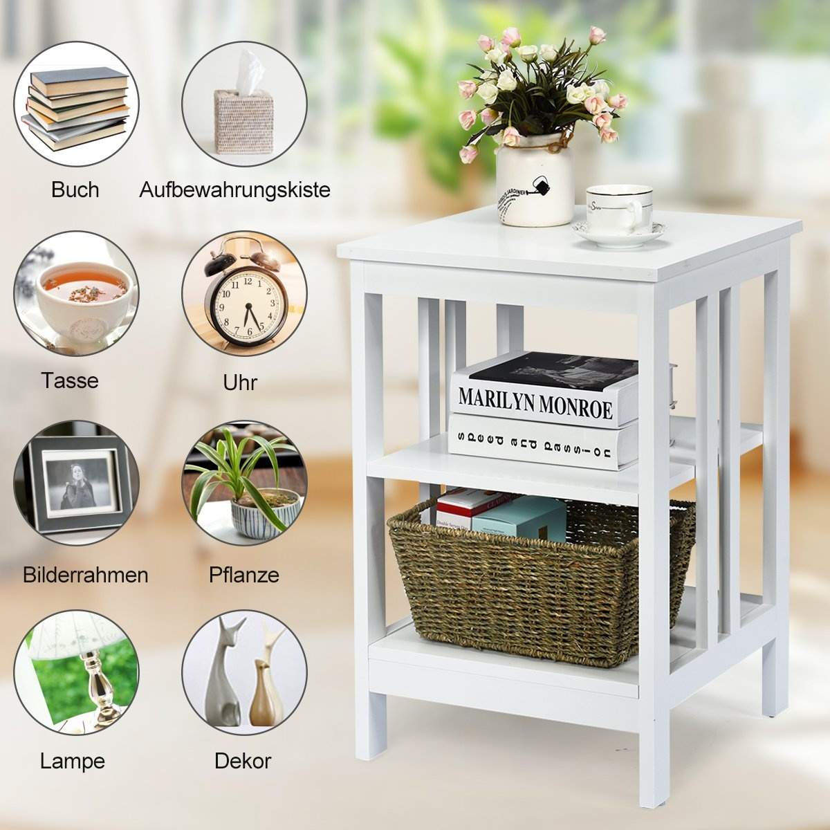 3-lags sengebord Sofabord Sofabord til soveværelse 40 x 40 x 61 cm Hvid