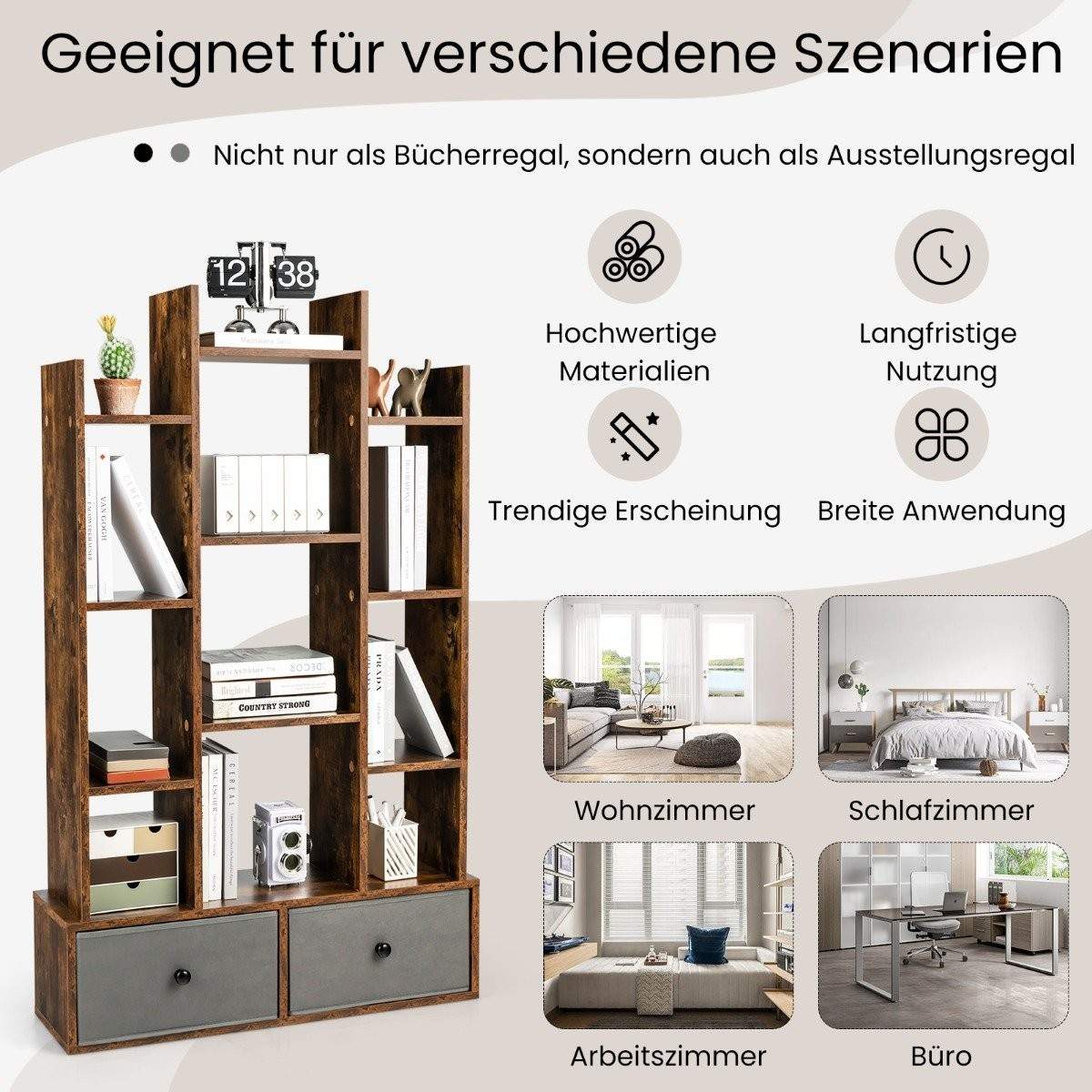 12 Etagers Åben Ryg Reol & Skuffe 81 x 24 x 132 cm Brun