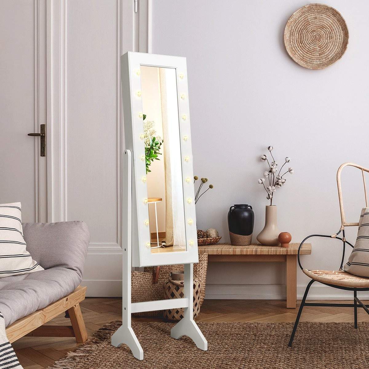 18 LED-korukaappi kallistussäädettävä koruhylly peilikaappi meikille valkoinen